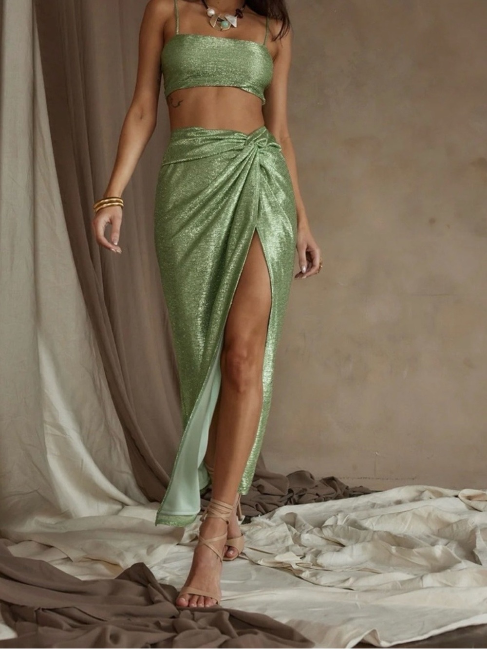 12th Tribe Metallic Sage Asymmetrical Wrap Skirt